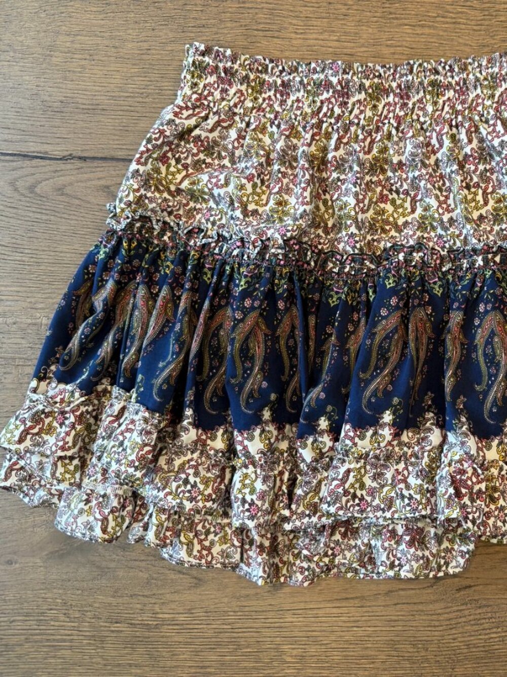 MISA Los Angeles Paisley Mini Skirt XS Boho Ruffle Tiered Smocked Waist Skirt